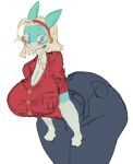  anthro big_breasts blonde_hair breasts cleavage clothed clothing female hair ippan_josei my_hero_academia red_clothing red_shirt red_topwear scalie shirt simple_background solo topwear utterangle white_background 