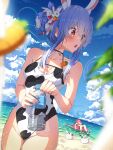  2girls absurdres alternate_costume ama_rei animal_ear_fluff animal_ears animal_print bare_shoulders beach bikini blue_hair blue_nails blue_sky blurry blurry_foreground blush bottle breasts carrot cleavage_cutout clothing_cutout cloud collarbone commentary cow_print double_bun hair_bun hair_ornament highres hololive houshou_marine houshou_marine_(4th_costume) innertube medium_breasts multicolored_hair multiple_girls nail_polish ocean one-piece_swimsuit orange_eyes palm_tree pekomon_(usada_pekora) rabbit_ears rabbit_girl rabbit_hair_ornament red_bikini sand sandals sky solo_focus standing streaked_hair sweat swimsuit symbol-shaped_pupils thick_eyebrows thighs tree usada_pekora water water_bottle white_hair 