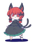  1girl :3 animal_ears ankle_ribbon black_bow black_footwear black_ribbon black_shirt black_skirt blunt_bangs blush bow cat_ears cat_girl cat_tail chahan_(fried_rice0614) chibi collar commentary fang footwear_bow frilled_collar frilled_skirt frills full_body hair_bow highres kaenbyou_rin leg_ribbon long_sleeves looking_at_viewer multiple_tails neck_ribbon puffy_sleeves red_eyes red_hair red_ribbon ribbon ribbon-trimmed_sleeves ribbon_trim shadow shirt short_hair simple_background skirt skirt_set solo spread_fingers standing tail touhou twintails two_tails white_background 