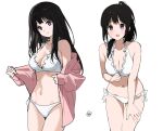  1girl :d artist_logo bare_shoulders bikini black_hair blush breasts chitanda_eru cleavage collarbone commentary_request highres hyouka jacket large_breasts long_hair looking_at_viewer medium_breasts mery_(yangmalgage) multiple_views navel pink_jacket ponytail purple_eyes simple_background sketch smile stomach straight_hair swimsuit thigh_gap very_long_hair white_background white_bikini 