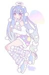  1girl angel angel_wings blue_hair cloud cloud_hair_ornament cloud_halo feathered_wings full_body halo highres light_blue_hair long_hair looking_at_viewer multicolored_eyes nokanok original purple_eyes purple_shorts shorts solo twintails white_background wings yellow_eyes 