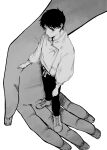  1boy absurdres belt blue_eyes closed_mouth fingernails greyscale gyunyu_gokugoku highres jacket jujutsu_kaisen jujutsu_tech_uniform long_fingernails long_sleeves looking_at_viewer male_focus monochrome okkotsu_yuuta orimoto_rika pants school_uniform shoes short_hair simple_background spot_color 