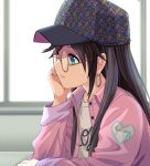  1girl black_hair blue_eyes earrings glasses hand_on_own_chin hat hige_(com) highres idolmaster idolmaster_shiny_colors jacket jewelry long_hair looking_away mitsumine_yuika pink_jacket shirt sitting smile solo twintails white_shirt window 