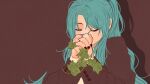  1girl alternate_costume aqua_hair black_nails blending brown_background brown_jacket closed_eyes covering_mouth hatsune_miku highres jacket leaf long_hair long_sleeves own_hands_together plant shirt simple_background solo syooooyoooo upper_body vines vocaloid white_shirt 