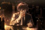  1boy bandage_over_one_eye bandaged_hand bandages black_eyes black_jacket black_necktie black_suit bottle brown_hair bungou_stray_dogs cup dazai_osamu_(bungou_stray_dogs) drinking formal highres holding holding_cup indoors jacket kleinlight looking_at_viewer male_focus necktie one_eye_covered shirt short_hair solo suit twitter_username upper_body white_shirt 