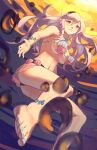  1girl anklet black_hairband breasts bubble corrin_(fire_emblem) fire_emblem fire_emblem_cipher fire_emblem_fates grey_hair grin hairband highres jewelry long_hair looking_at_viewer medium_breasts nail_polish navel official_alternate_costume pointy_ears red_eyes shell shell_bikini smile solo spiffydc swimsuit teeth toenail_polish toenails 