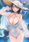  1girl bare_shoulders beach black_hair blue_archive blue_sky blush breasts choker cleavage collarbone covered_navel earrings hair_over_one_eye halo hat highres hinata_(blue_archive) hinata_(swimsuit)_(blue_archive) jewelry large_breasts long_hair looking_at_viewer official_alternate_costume one-piece_swimsuit open_mouth palm_tree red_eyes sky smile solo sun_hat super_nagoyaka swept_bangs swimsuit tree wet white_one-piece_swimsuit yellow_headwear 