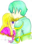  1boy 1girl blonde_hair clarine_(fire_emblem) closed_eyes commentary_request couple fire_emblem fire_emblem:_the_binding_blade gloves green_armor green_hair hetero kiss kissing_forehead lalalalance lance_(fire_emblem) open_mouth painting_(medium) pink_gloves ponytail purple_eyes surprised traditional_media watercolor_(medium) white_background 