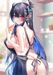  1girl absurdres apron ass asymmetrical_horns back bare_shoulders black_hair blue_hair breasts butt_crack cheese_trail colored_inner_hair demon_horns eating food from_behind hair_ornament highres holding holding_food holding_pizza hololive hololive_english horns large_breasts llg_lailing18 long_hair looking_at_viewer looking_back mole mole_under_eye multicolored_hair naked_apron nerissa_ravencroft pizza red_eyes smile solo two-tone_hair uneven_horns virtual_youtuber 