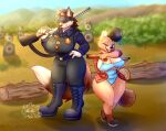  absurd_res anthro beaver big_breasts black_hair black_nose breasts brown_body brown_fur brown_nipples canid canine canis clothed clothing detailed_background duo female female/female fluffy fluffy_tail fur gun hair hat headgear headwear hi_res inner_ear_fluff long_hair long_tail mailoshy mammal multicolored_body multicolored_fur neck_tuft nipple_outline nipples orange_body orange_fur outside partially_clothed pink_nipples police_uniform pose posing_for_picture ranged_weapon rifle rodent short short_hair sky tail tall taller_female teeth thick_thighs tuft two_tone_body uniform weapon wide_hips wolf yellow_body yellow_eyes yellow_fur 
