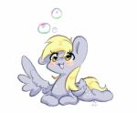  blonde_hair blush bubble bubbletea_(artist) cutie_mark derpy_hooves_(mlp) equid equine feathers female feral friendship_is_magic grey_body grey_feathers hair hasbro looking_up mammal my_little_pony pegasus simple_background solo tail white_background wings yellow_eyes yellow_tail 