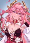  1girl :d animal_ears arisadraws01 blue_background breasts cherry_blossoms chinese_clothes cleavage cleavage_cutout clothing_cutout company_connection cosplay crossover earrings elysia_(herrscher_of_human:ego)_(honkai_impact) elysia_(herrscher_of_human:ego)_(honkai_impact)_(cosplay) elysia_(honkai_impact) fox_ears genshin_impact grin highres honkai_(series) honkai_impact_3rd jewelry long_hair long_sleeves looking_at_viewer mihoyo smile solo teeth upper_body very_long_hair yae_miko 