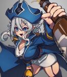  1girl alcohol belt black_thighhighs blue_eyes blue_jacket borrowed_character bottle breasts cleavage ear_piercing epaulettes garter_straps hair_ornament hairclip hat highres holding holding_bottle holding_weapon jacket large_breasts long_sleeves original piercing pirate pirate_hat skirt solo thighhighs waa153 weapon white_hair white_skirt x_hair_ornament 