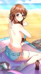  1girl bare_arms bare_legs barefoot beach bikini blue_bikini blurry blurry_background breasts brown_hair butt_crack closed_mouth day doukyuusei_another_world frilled_bikini frills game_cg kakyuusei long_hair looking_at_viewer looking_back medium_breasts ocean outdoors red_eyes ribbon shoulder_blades side-tie_bikini_bottom sideboob sitting smile soles solo summer sunlight swimsuit untied_bikini wariza white_ribbon yuuki_mizuho 