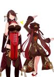  2girls beidou_(genshin_impact) black_hair breasts brown_hair chinese_clothes cleavage closed_eyes commentary_request eyepatch genshin_impact hair_between_eyes hair_ornament hair_over_one_eye hairpin hat highres hu_tao_(genshin_impact) jealous long_hair long_sleeves looking_at_another multiple_girls porkpie_hat sidelocks simple_background slapping_breasts sleeveless twintails white_background yasehattagi 