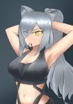  1girl absurdres afute/aft animal_ears arknights armpits arms_behind_head arms_up bare_arms bare_shoulders black_background breasts cat_ears cleavage commentary crop_top grey_hair hair_over_one_eye hair_tie_in_mouth highres large_breasts long_hair midriff mouth_hold navel ponytail schwarz_(arknights) sleeveless solo stomach upper_body very_long_hair yellow_eyes 