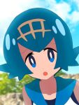  1girl :o blue_eyes blue_hair blue_sailor_collar blurry blurry_background bright_pupils cloud collarbone commentary_request day freckles hairband lana_(pokemon) looking_at_viewer mizu_majuu_(waterman10) no_sclera outdoors pokemon pokemon_(game) pokemon_sm raised_eyebrows sailor_collar shirt short_hair sky sleeveless sleeveless_shirt solo upper_body white_pupils white_shirt worried yellow_hairband 