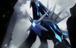  black_sclera closed_mouth cloud cloudy_sky colored_sclera commentary_request dialga from_below highres no_humans outdoors pokemon pokemon_(creature) red_eyes sky solo spikes standing yeong 