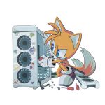  2023 absurd_res anthro blue_eyes canid canine clothing dipstick_tail footwear fox fur gloves handwear hi_res male mammal markings miles_prower sega simple_background solo sonic_the_hedgehog_(series) stars_kii tail tail_markings tools white_background white_body white_fur yellow_body yellow_fur 