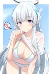  akahi242 alternate_costume blue_archive blunt_bangs blush breasts cleavage closed_mouth grey_hair hair_ornament halo heart highres hime_cut large_breasts long_hair looking_at_viewer mechanical_halo noa_(blue_archive) purple_eyes shirt sky smile spoken_heart sweat swimsuit 