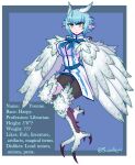  1girl artist_name belt bird_legs black_footwear blue_background blue_hair blue_ribbon blue_shirt breasts character_name character_profile feather_hair feathered_wings feathers harpy medium_breasts monster_girl original pointy_ears ribbon shirt short_hair sleeveless sleeveless_shirt solo talons tenk white_feathers white_shirt white_wings wings yellow_eyes 