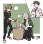  3boys :d aemono_(lemolemo_lmn) ahoge black_jacket black_pants breast_pocket brown_footwear chopsticks collarbone danganronpa:_trigger_happy_havoc danganronpa_(series) danganronpa_2:_goodbye_despair eating food green_background green_hoodie green_jacket green_necktie grey_hair highres hinata_hajime holding holding_chopsticks hood hood_down hooded_jacket hoodie jacket komaeda_nagito male_focus multiple_boys naegi_makoto necktie open_clothes open_jacket pants pocket print_shirt red_footwear shirt short_sleeves smile sparkle white_background white_shirt 