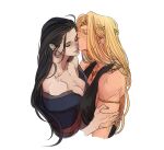  2girls armlet bare_arms bare_shoulders black_dress black_hair blonde_hair blue_dress breasts cleavage closed_eyes dress elden_ring gold_diadem gold_necklace hand_on_another&#039;s_shoulder highres jewelry kiss kissing_cheek long_hair mashe_(marceline2174) multiple_girls necklace queen_marika_the_eternal rennala_queen_of_the_full_moon sleeveless sleeveless_dress yuri 