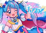  1girl :d absurdres blue_eyes blue_hair blush commentary_request cure_sky earrings eyelashes gloves hair_ornament happy highres hirogaru_sky!_precure htcf2334 jewelry long_hair looking_at_viewer magical_girl multicolored_hair one_eye_closed open_mouth pink_hair precure smile solo sora_harewataru streaked_hair translation_request twintails white_gloves 