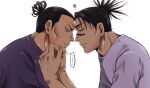  ... 2boys black_hair choso_(jujutsu_kaisen) eye_contact facial_tattoo forehead-to-forehead from_side frown hand_on_another&#039;s_chin heads_together highres jujutsu_kaisen light_smile looking_at_another male_focus mitinobanana motion_lines multiple_boys muscular muscular_male profile scar scar_across_eye shirt short_hair sideburns tattoo toudou_aoi_(jujutsu_kaisen) twintails upper_body 