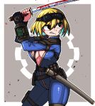  1girl black_eyes blonde_hair blood blood_on_weapon blue_bodysuit bodysuit breasts cleavage clenched_teeth english_commentary eyelashes fallout_(series) fallout_4 formicid goggles goggles_on_head holding holding_sword holding_weapon jaggy_lines large_breasts mole mole_on_breast pip_boy sheath short_hair simple_background solo sword teeth vault_suit weapon 