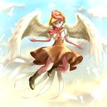  1girl animal_on_head bird bird_on_head bird_wings blonde_hair boots brown_dress chick dress flying full_body highres kyabekko multicolored_hair niwatari_kutaka on_head red_eyes red_hair short_sleeves sky smile solo tail_feathers touhou two-tone_hair wings 