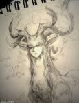  &gt;:| 2016 2_horns amamidori ambiguous_gender antlers artist_name aureola cervine copyright_symbol deer deer_ears deity dutch_angle english_text feral front_view fur graphite_(artwork) greyscale guide_lines hair half-length_portrait horn humanoid_face long_neck mammal monochrome pencil_(artwork) portrait prick_ears quadruped restricted_palette scp-2845 scp_foundation simple_background sketch solo symbol text three-quarter_portrait traditional_media_(artwork) watermark white_background 