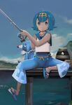  1girl alice_(aries) blue_eyes blue_hair blue_pants blue_sailor_collar bright_pupils cloud day fishing fishing_rod flip-flops food freckles highres holding holding_fishing_rod lana_(pokemon) no_sclera one-piece_swimsuit outdoors pants pokemon pokemon_(anime) pokemon_(creature) pokemon_sm_(anime) popplio sailor_collar sandals shirt short_hair sitting sky sleeveless sleeveless_shirt swimsuit swimsuit_under_clothes wave_print white_pupils white_shirt 