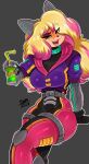  absurd_res activision anthro bandicoot belt beverage blonde_hair breasts clothing container crash_bandicoot_(series) cup cybernetic_ear cybernetics cyborg eye_through_hair eyebrow_through_hair eyebrows eyelashes female glistening gloves green_eyes hair handwear hi_res highlights_(coloring) holding_container holding_cup holding_object long_hair looking_at_viewer machine mammal markings marsupial mole_(marking) open_mouth pink_highlights solo spongebandimark tawna_bandicoot translucent translucent_hair 