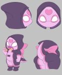  &lt;3 anthro butt chubby_female claws clothing concept_art costume eating fantasy000 female food hi_res hood kobold lily_(fantasy000) purple_body simple_background solo spiderman_costume 