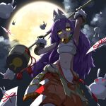  1girl animal_ear_fluff animal_ears arms_up bell blush_stickers cloud envelope full_moon goshiki_agiri hair_between_eyes highres holding holding_mallet japanese_clothes kill_me_baby kine long_hair looking_at_viewer mallet mochitsuki moon neck_bell night open_mouth purple_hair rabbit_ears sky star_(sky) tassel teeth upper_teeth_only very_long_hair yachima_tana 