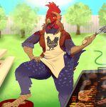  anthro apron apron_only avian avian_feet beak bird burger chicken chicken_meat claws clothing female food front_view galliform gallus_(genus) genitals grill grilling hamburger_patty hand_on_hip hi_res looking_at_viewer meat mostly_nude open_beak open_mouth outside phasianid pig_(artist) pussy rhari_(ayrrenth) scuted_arms scutes solo wattle_and_daub 