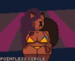  anthro big_breasts big_ears big_tail bikini breasts brown_body button_nipples clothing curvy_figure digital_media_(artwork) doll doll_(pointless_circle) female fluffy fluffy_tail hair long_hair nipples patch_(fabric) pixel_(artwork) pointless_circle purple_hair simple_background solo swimwear tail thick_thighs voluptuous wide_hips 