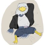  accipitrid accipitriform animal_crossing anthro apollo_(animal_crossing) avian bald_eagle bird blush bodily_fluids bulge clothed clothing eagle erection erection_under_clothing feathers genitals hands_behind_head hi_res jacket leather leather_clothing leather_jacket leather_topwear lucusfox male mature_male nintendo penis sea_eagle shirt solo sweat tank_top tired topwear underwear 