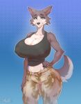  2023 anthro beastars big_breasts breasts canid canine canis cleavage clothed clothing digital_media_(artwork) female hand_on_hip hi_res huge_breasts juno_(beastars) looking_at_viewer mammal schwoo small_waist solo wide_hips wolf 