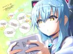  1girl ao_no_kiseki blue_hair bob_cut brooch cat_ear_hairband cellphone dated dollar_bill eiyuu_densetsu hair_between_eyes holding holding_phone jewelry money phone sidelocks signature smartphone tinybiard tio_plato twitter_username yellow_eyes zero_no_kiseki 