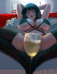  1girl absurdres arms_up breasts convenient_censoring cup dark_green_hair drinking_glass dudeunderscore fubuki_(one-punch_man) fur_trim green_eyes highres indoors large_breasts lipstick makeup one-punch_man open_mouth short_hair solo spread_legs wine_glass 