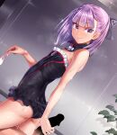  1boy 1girl ass bar_censor black_bow black_dress black_panties bow breasts censored closed_mouth collarbone condom cum detached_collar dress fate/grand_order fate_(series) frills hair_bow handjob helena_blavatsky_(fate) hetero highres hip_focus looking_back orochi_itto panties penis purple_eyes purple_hair short_dress short_hair small_breasts smile solo_focus sweat thighs underwear used_condom 