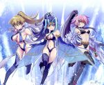  3girls adapted_costume alternate_costume arm_blade bare_shoulders bikini blade_skater blade_skater_(cosplay) blizzard_falcon blizzard_falcon_(cosplay) blonde_hair blue_hair breasts chaya_mago choker cleavage collarbone cosplay cyber_blader cyber_blader_(cosplay) earrings elbow_gloves full_body garter_straps gloves green_eyes hair_between_eyes hair_ornament hair_tubes hand_up harpie_dancer harpie_dancer_(cosplay) harpie_queen harpie_queen_(cosplay) high_heels high_ponytail holding jewelry kachi_kochi_dragon kachi_kochi_dragon_(cosplay) kamishiro_rio large_breasts long_hair luna_(yu-gi-oh!_zexal) multiple_girls navel one-piece_swimsuit pink_hair ponytail purple_hair red_eyes red_hair revealing_clothes sandals scarf shoes sidelocks signature single_earring standing stomach swimsuit tenjouin_asuka thighhighs twitter_username very_long_hair weapon yellow_eyes yu-gi-oh! yu-gi-oh!_gx yu-gi-oh!_zexal 