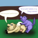  1:1 baby_talk balls blue_eyes cuddlybloodily dialogue duo english_text erection female feral fluffy_pony fluffy_pony_(species) fur genitals hi_res male male/female mammal penis purple_body purple_fur shadow teats text yellow_body yellow_fur 