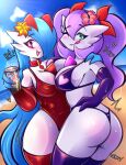  absurd_res beach beverage bikini bikini_thong breasts butt cleavage clothed clothing duo female gardevoir generation_3_pokemon hi_res holding_beverage holding_object looking_at_viewer looking_back looking_back_at_viewer nintendo not_furry pokemon pokemon_(species) seaside swimwear zombiate 