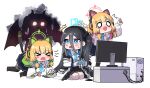  &gt;_&lt; 4girls animal_ear_headphones animal_ears aris_(blue_archive) black_hair blonde_hair blue_archive cat_ear_headphones cat_tail chibi computer controller demon_horns demon_wings fake_animal_ears fake_tail game_controller halo headphones highres horns jacket kokukyukeo looking_back microphone midori_(blue_archive) momoi_(blue_archive) monitor multiple_girls necktie o_o playing_games school_uniform shirt siblings simple_background sisters sweat sweatdrop tail twins white_background white_shirt wings yuuka_(blue_archive) 