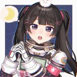  1girl :o armband black_hair blue_background blush border commentary crescent hair_ornament hair_tie hands_up long_hair looking_at_viewer nijisanji official_alternate_costume open_mouth own_hands_together purple_eyes screen sky solo spacesuit star_(sky) starry_sky thought_bubble triangle_hair_ornament tsukino_mito tsukino_mito_(16th_costume) twintails u_(yo649_t) upper_body white_border x_hair_ornament 
