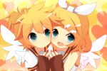  1boy 1girl blonde_hair blue_eyes bob_cut bow brown_sailor_collar cheek-to-cheek detached_sleeves electric_angel_(vocaloid) feathered_wings hair_bow hair_ornament hairclip happy heads_together kagamine_len kagamine_rin meranoreuka_(naokentak) mouse_pointer open_mouth ponytail puffy_short_sleeves puffy_sleeves sailor_collar school_uniform short_hair short_ponytail short_sleeves sleeveless smile vocaloid white_wings wing_hair_ornament wings yellow_background 