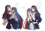  2girls alear_(female)_(divine_attire)_(fire_emblem) alear_(female)_(fire_emblem) alear_(fire_emblem) blue_eyes blue_hair blush bow braid breasts cleavage_cutout clothing_cutout crossed_bangs crown_braid dress fire_emblem fire_emblem_engage height_difference heterochromia highres hug ivy_(fire_emblem) long_hair multicolored_hair multiple_girls official_alternate_costume open_mouth oratoza purple_eyes purple_hair red_eyes red_hair romper shorts sleeves_rolled_up smile split-color_hair tiara two-tone_hair very_long_hair yuri 